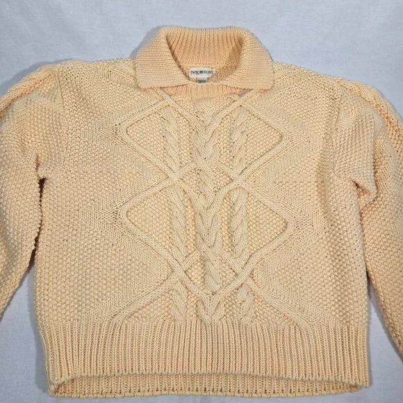 Vintage JW ROBINSON'S 90 Yellow Cotton Chunky Cable Knit Fisherman Sweater SizeM - Picture 10 of 17